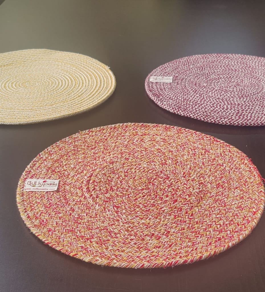 Round table mats cotton placemats (pack of 3) | Dining table mats 14", Heat Resistant, Reversible Use (Yellow/Maroon/Red) by Bulky Santa view 2