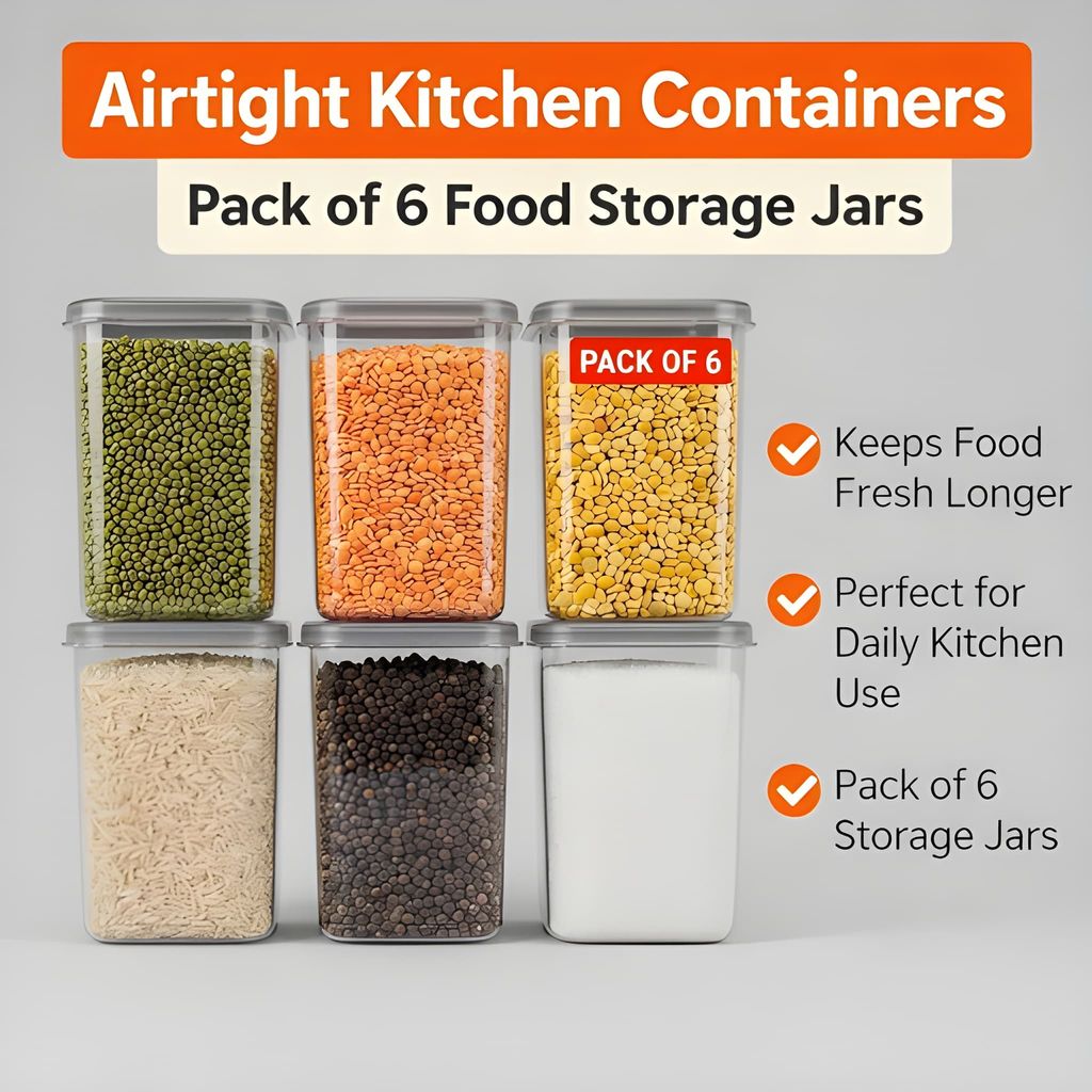 WUGO Airtight Plastic Storage Container Set of 6 | Multipurpose Kitchen Storage Jars for Grocery, Pulses, Rice, Sugar, Spices & Dry Fruits | BPA Free Food Storage Containers (Original) view 2