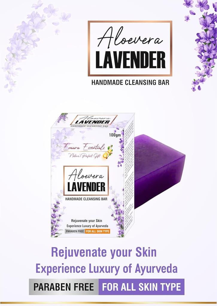 Evaara Essentials | Aloevera Lavender Handmade Cleansing Bar, 75g each, Paraben Free, All Skin Types | Pack of 3 view 2