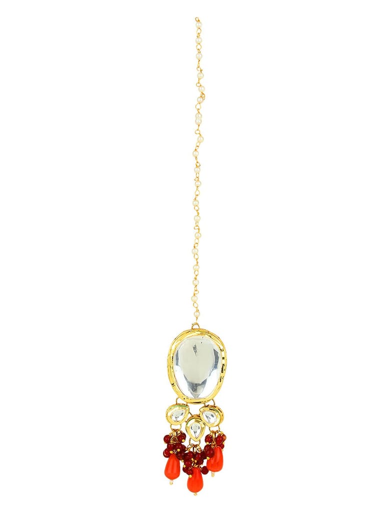 Cardinal Kundan Party Wear Wedding Maroon Color Onyx Gold Plated Brass Maang Tika & Necklace &Earrings view 2