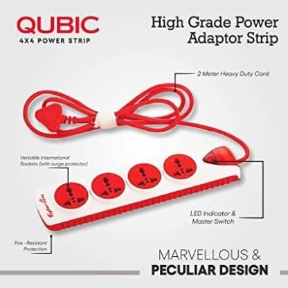 Fybros 4x4 International Sockets Power Extension Box 2 Meter Power 4 Socket Extension Boards (Red, 2 m) view 2
