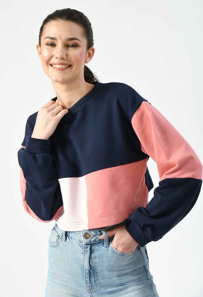 Pink/Navy Color-Blocked Cropped Sweatshirt view 2