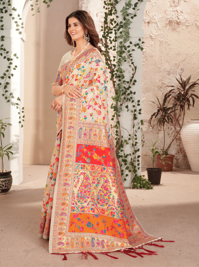 Cream And Red Floral Print Saree With Blouse Piece