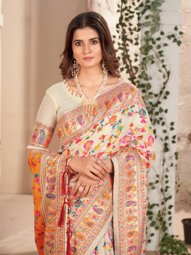 Cream And Red Floral Print Saree With Blouse Piece view 2