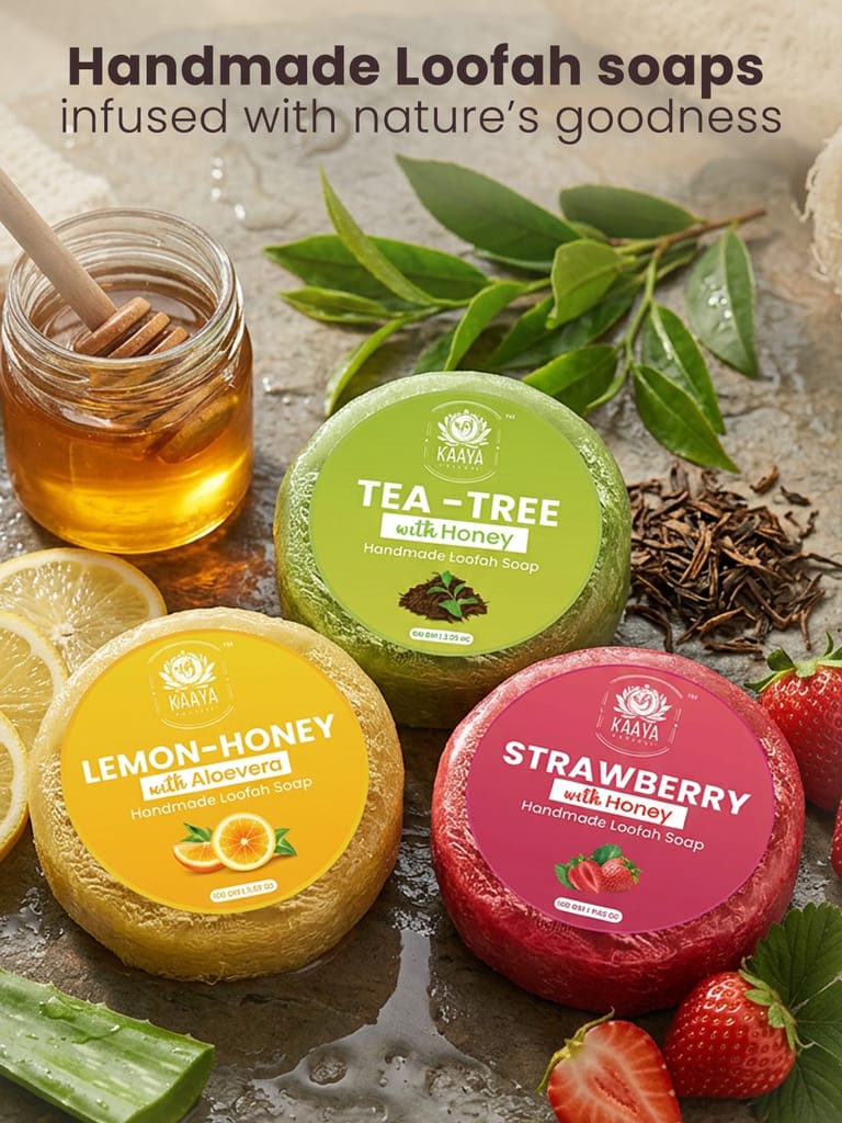 Kaaya Natural Strawberry, Tea Tree, Lemon With Honey Handmade Loofah Soap – 100 Gm | Pack of 3 view 2