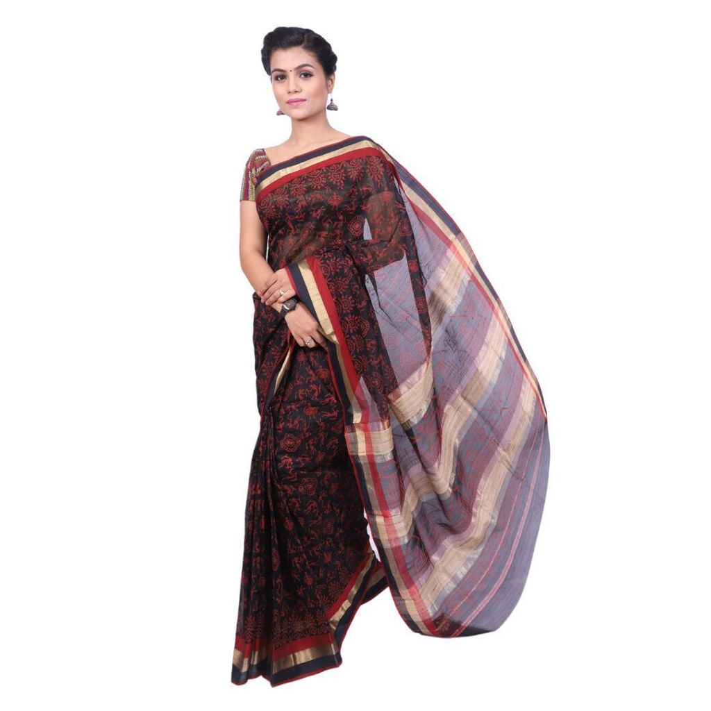 HANDLOOM CHANDERI PRINTED SAREE WITH BLOUSE (SKU - 1SCZ01260221 SAREE- 2) view 2
