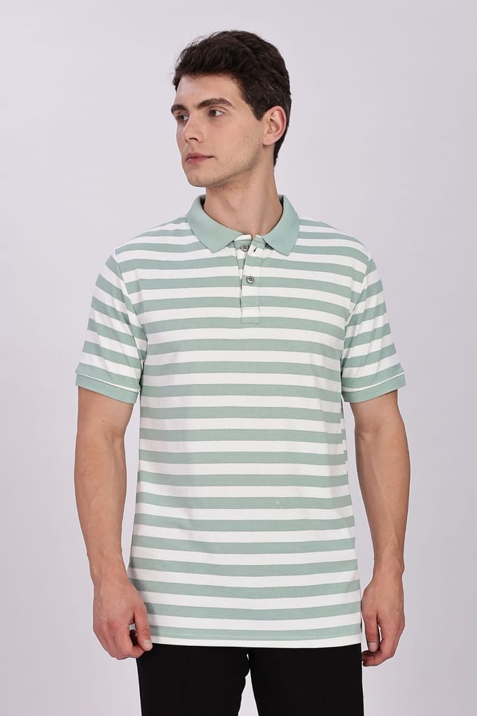 Puff Cotton Green & White Striped Polo view 2
