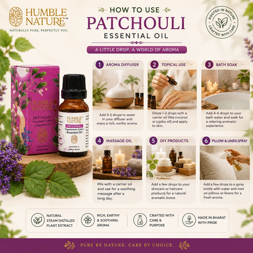 Humble Nature Patchouli Essential Oil 15ml | Natural Steam Distilled Patchouli Oil | GC-MS Tested | Aromatherapy, Diffuser, Massage & DIY Use view 2