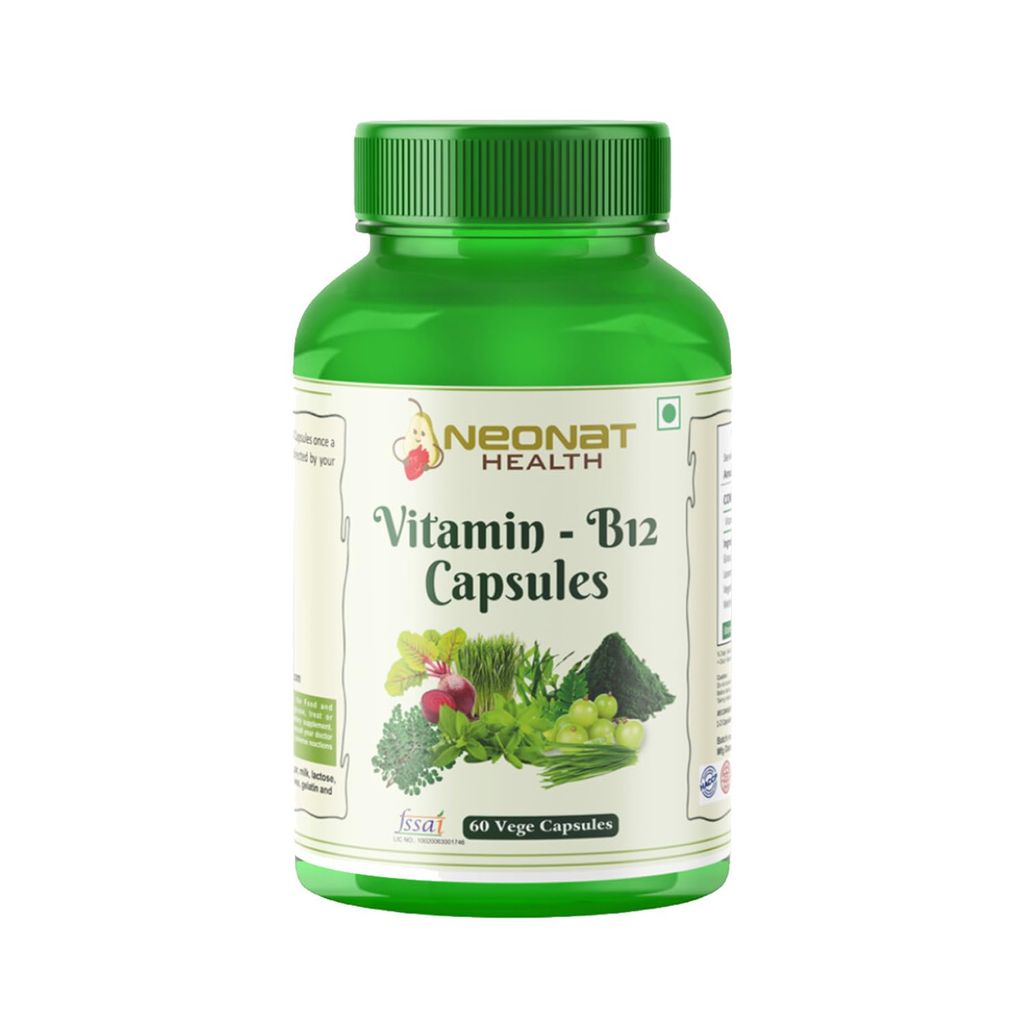 Neonat Health Vitamin B12 Capsules, 100% Natural 60 Veg Capsules Plant Based Supplement with Spirulina and Moringa, Support Energy and Metabolism, For Men and Women, Helps in Red Blood Cell Formation