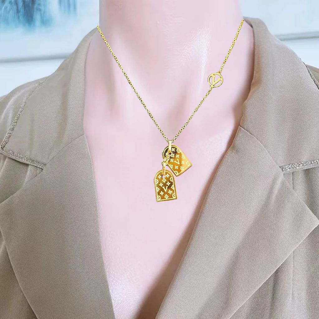 Jewelryklub Gold Plated LV Pendant Necklace Chain For Women Girls Anti Tarnish Stainless Steel view 2