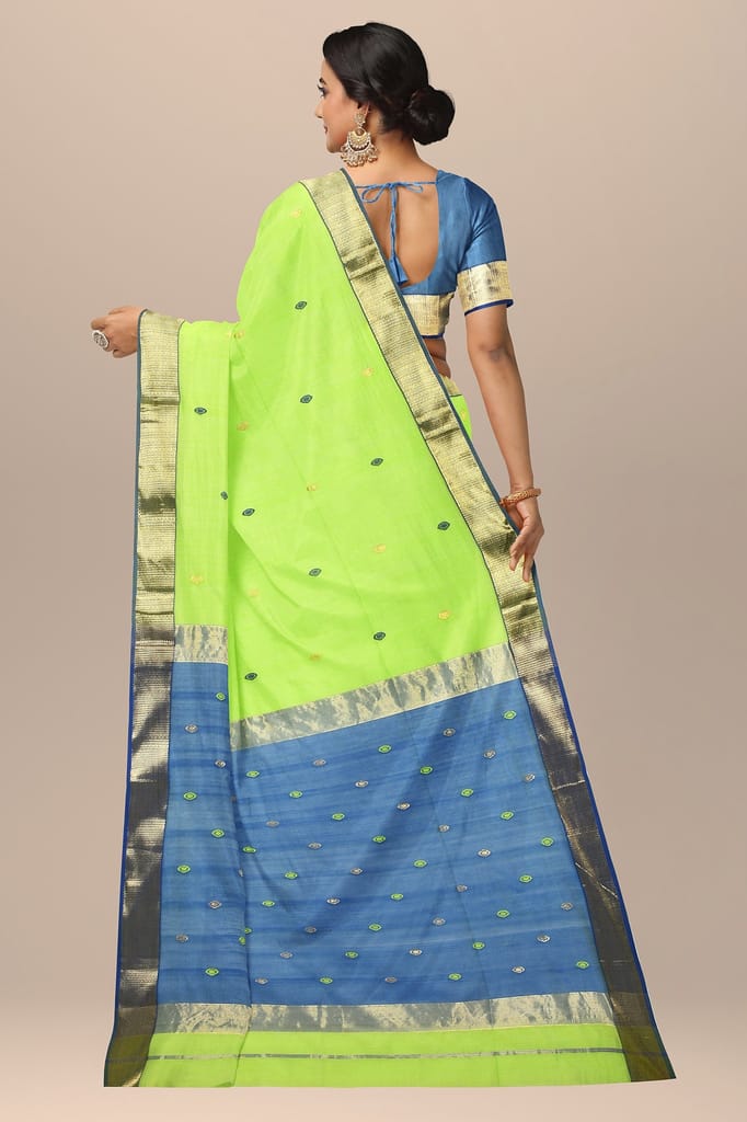 Parrot Green Diya Buti Handwoven Sausar Silk with Zari Border Saree SKU-BS10054 view 2