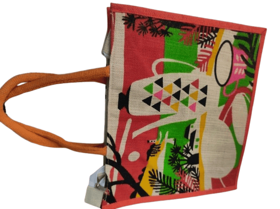 Jute Tote Bag with Colorful African Print view 2