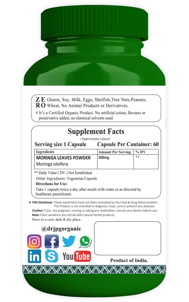 Dr. JPG Organic herbals Moringa Capsules For Joint Wellness, Super Food 60 Veg Capsules/INDIA ORGANIC Certified (Pack Of 2) view 2
