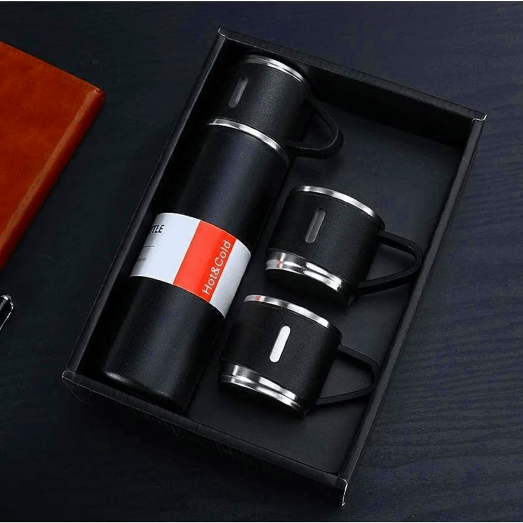 Gray Vacuum Bottle with 3 Cups Set - Travel Gift view 2
