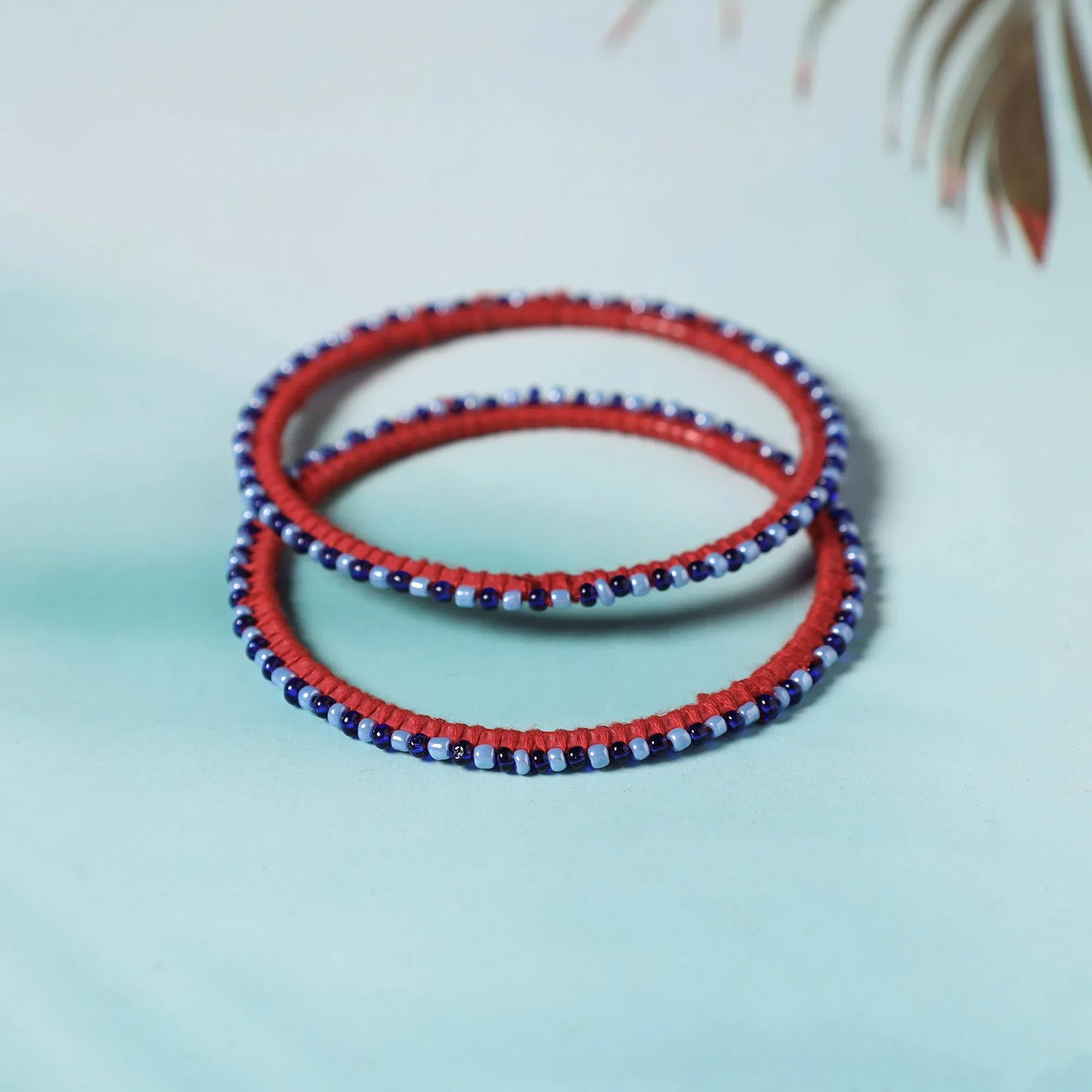 Blue - Hand Embroidered Beadwork Bangle (Set of 2) view 2