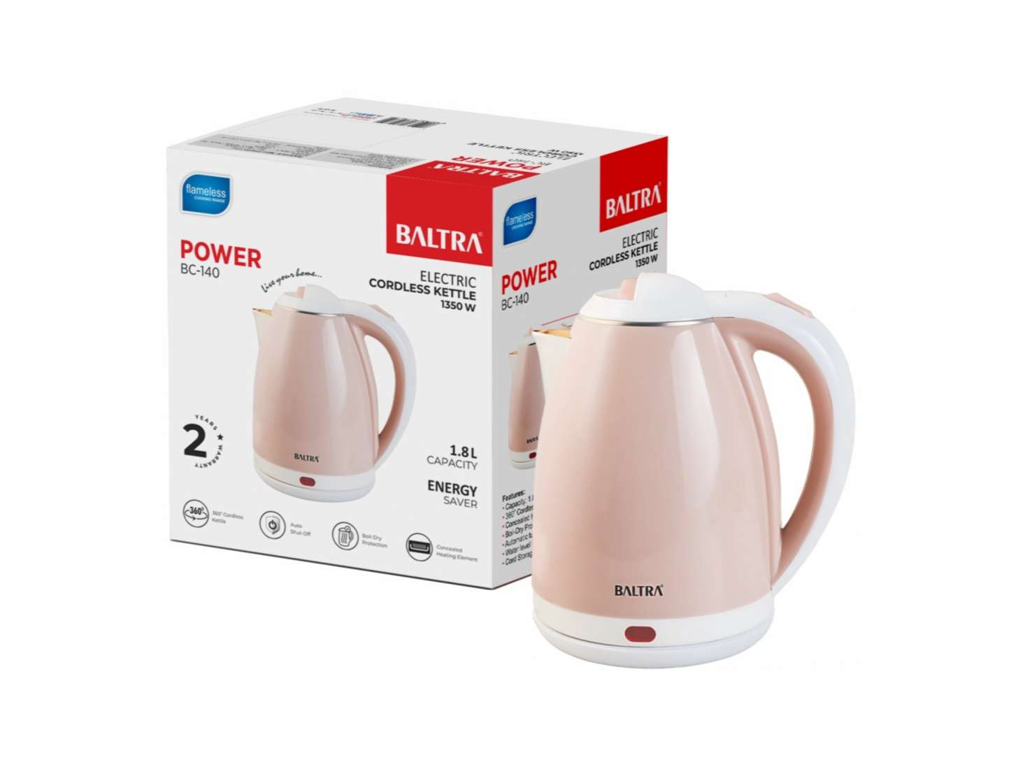 BALTRA Electric Kettle 1350 Watts 1.8 liters, Double Layered Cool Touch Outer Body | Inner Stainless Steel Body with Auto Shut Off, 2 Yr Warranty