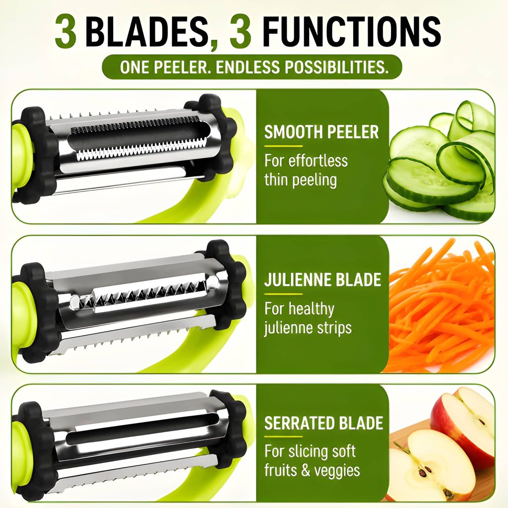 Heavy Duty WUGO 3-in-1 Rotary Vegetable & Fruit Peeler | Multi-Functional Kitchen Peeling Tool with Rotating Blades | Vegetable Cutter, Slicer & Peeler for Potato, Carrot, Cucumber & Fruits (Original) view 2