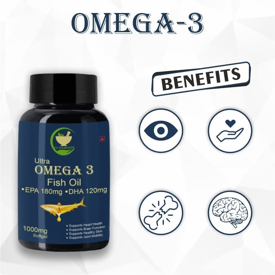 FIJ AYURVEDA Ultra Omega 3 Fish Oil - 1000mg (180 mg EPA & 120 mg DHA) Omega 3 Fish Oil | Fatty Acid | Supports Healthy Heart, Brain, Better Skin, Bones, Joint & Eye Care � 60 Softget Capsules (Pack of 2) view 2