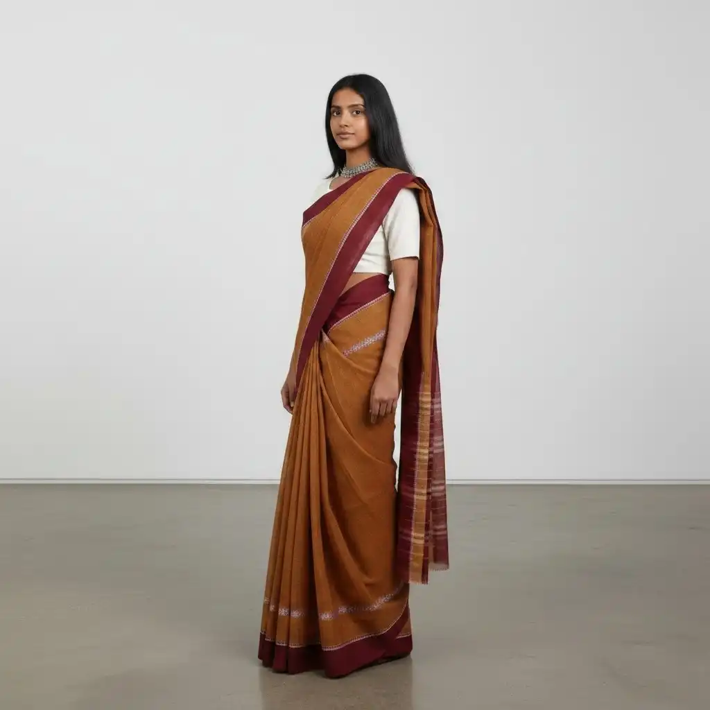 Narayanpet Handloom Cotton Saree in Mustard with Chikki Paras Border view 2