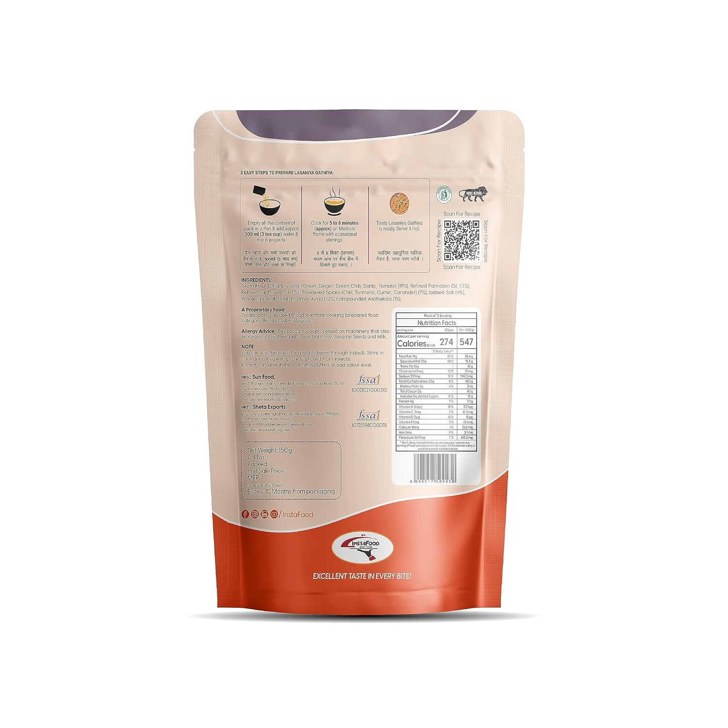 INSTAFOOD Lasaniya Gathiya | Ready to Eat & Cook Meal | 3-4 Servings | After Cooking Gets 450 gm to Serve | Just Add Water and Cook | Zip Lock Packaging, 150 gm view 2