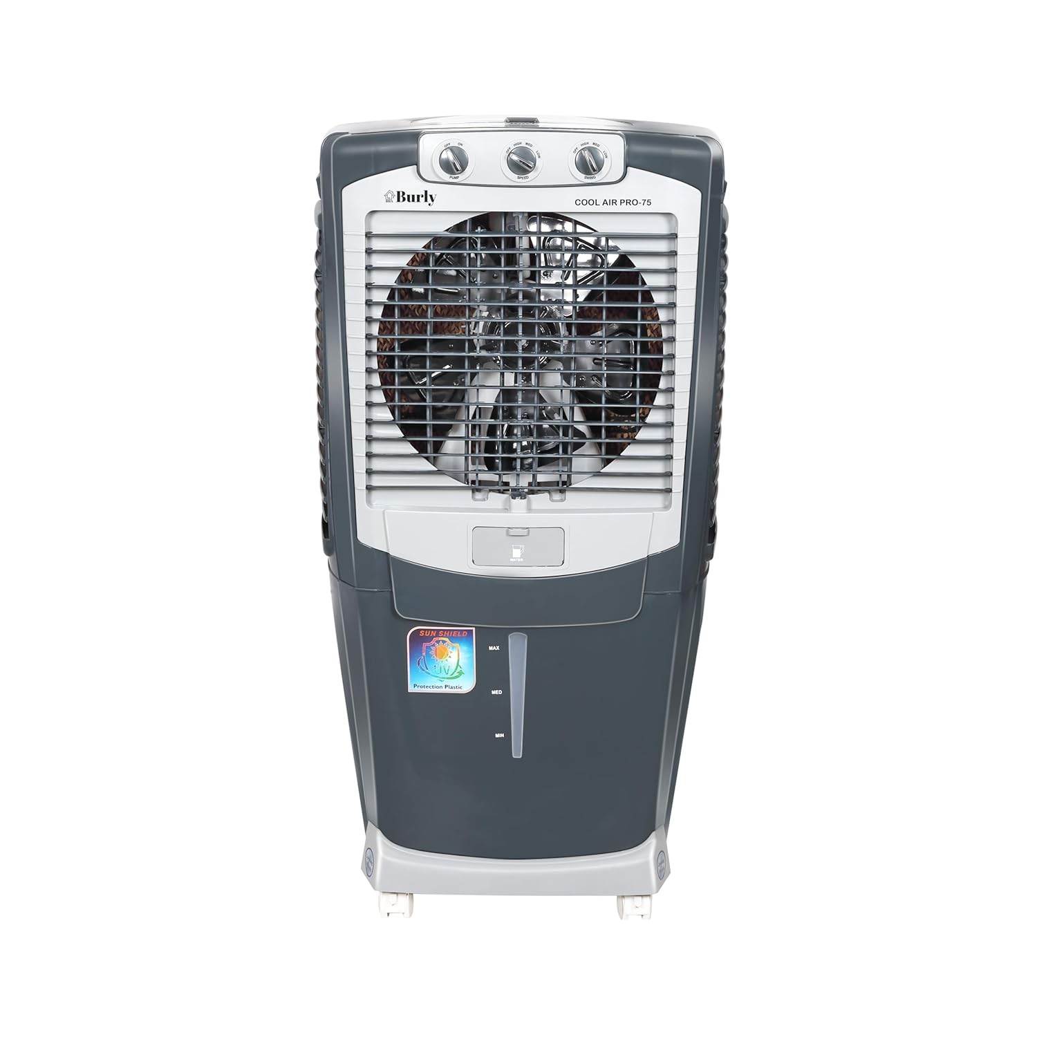 BHABURLY Burly Coolair Pro 75 Ltr Desert Portable Cooler With Anti Bacterial Honeycomb, Auto Refill Powerfull Motor, Auto Swing & Castor Wheel- Grey