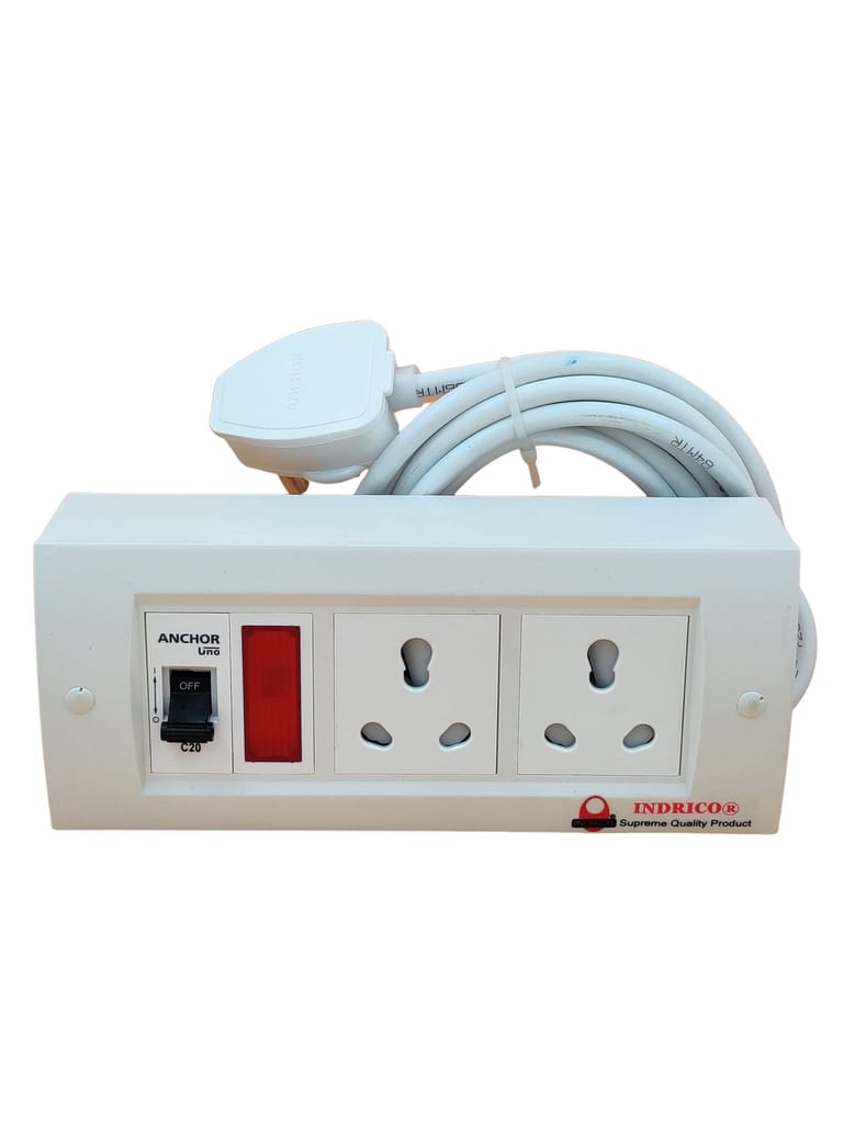 INDRICO AC Switch Board with MCB Multi Outlet Extension Fitted with,2 16A Sockets, Indicator,1 MCB 20A with 4 Metre 1.5 mm 3 core Copper Chord 2200 Watts with 15 Amp Plug PVC White Pack of 1 view 2