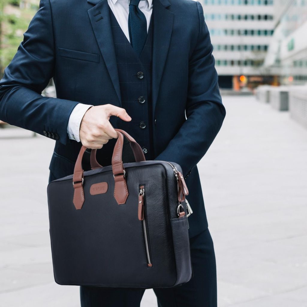 NexusBlend Navy Blue Tan Laptop Bag - Sleek and Functional view 2