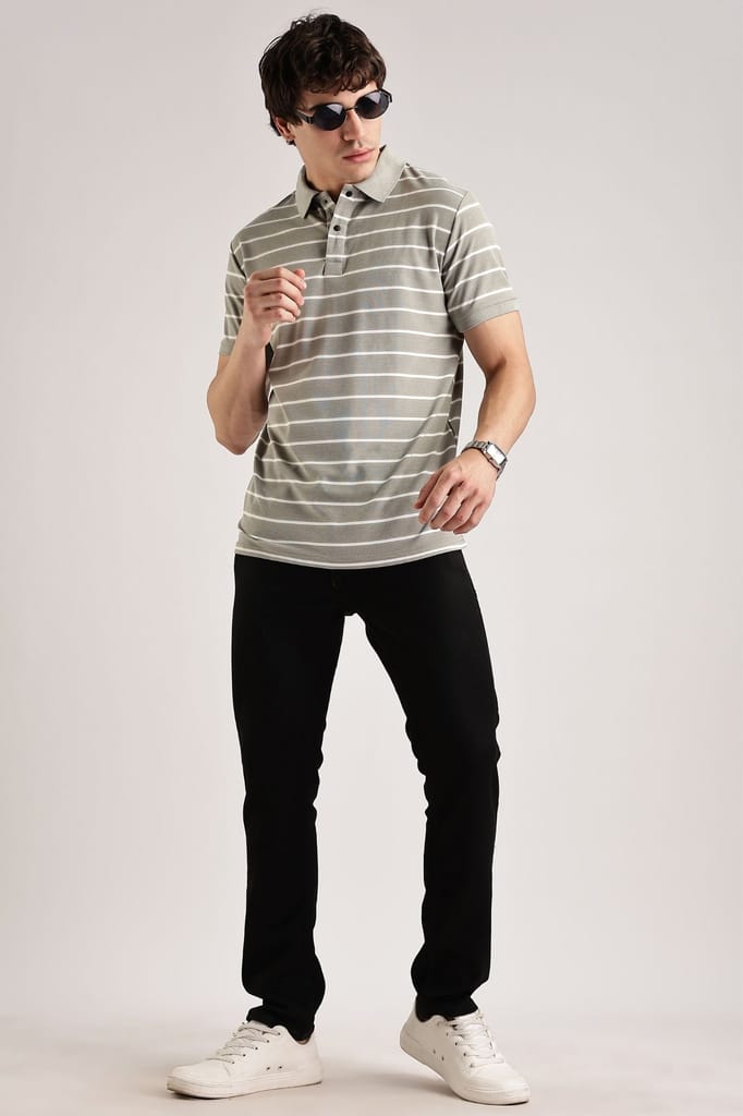 Pollycotton Tan Brown Striped Polo view 2