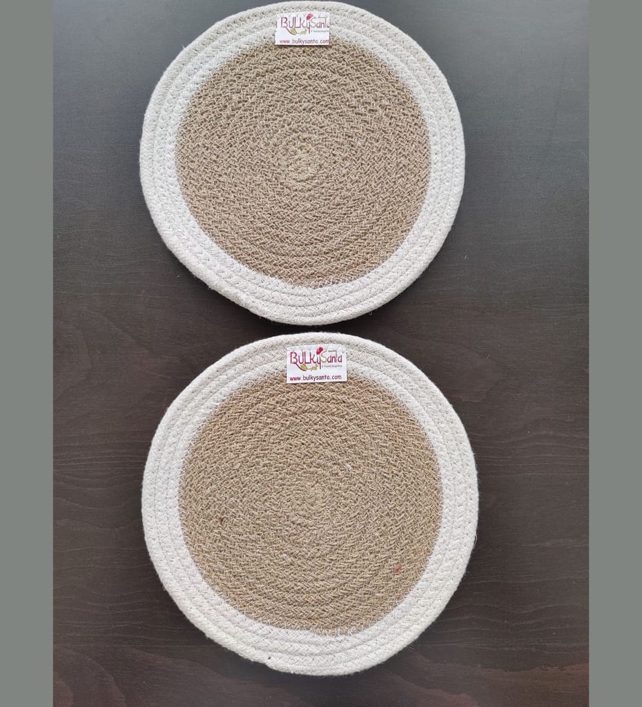 Round table mats cotton placemats (pack of 2) | Hotpads / trivets 9", Heat Resistant, Reversible Use (White - Beige) by Bulky Santa view 2