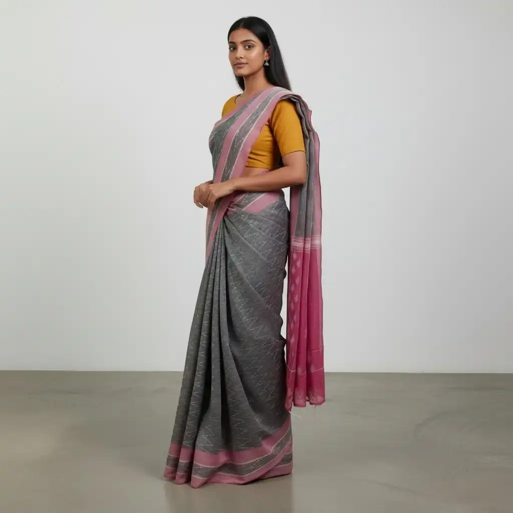 Pochampally Mercerized Cotton Saree in Dark Gray with Temple Border view 2