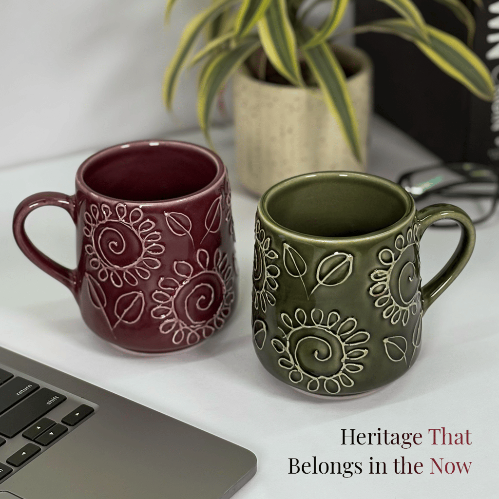 Heritales Twin Bloom Ceramic Mugs for Coffee, Milk & Tea Lovers – 350 ML | Handcrafted in India | Vegan, Bone China-Free | Microwave, Dishwasher & Freezer Safe | Premium Artisanal Mug– Set of 2