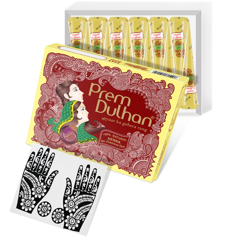 Prem Dulhan Brown Henna Cones Box 12 Pcs with Flower Stencil Yellow