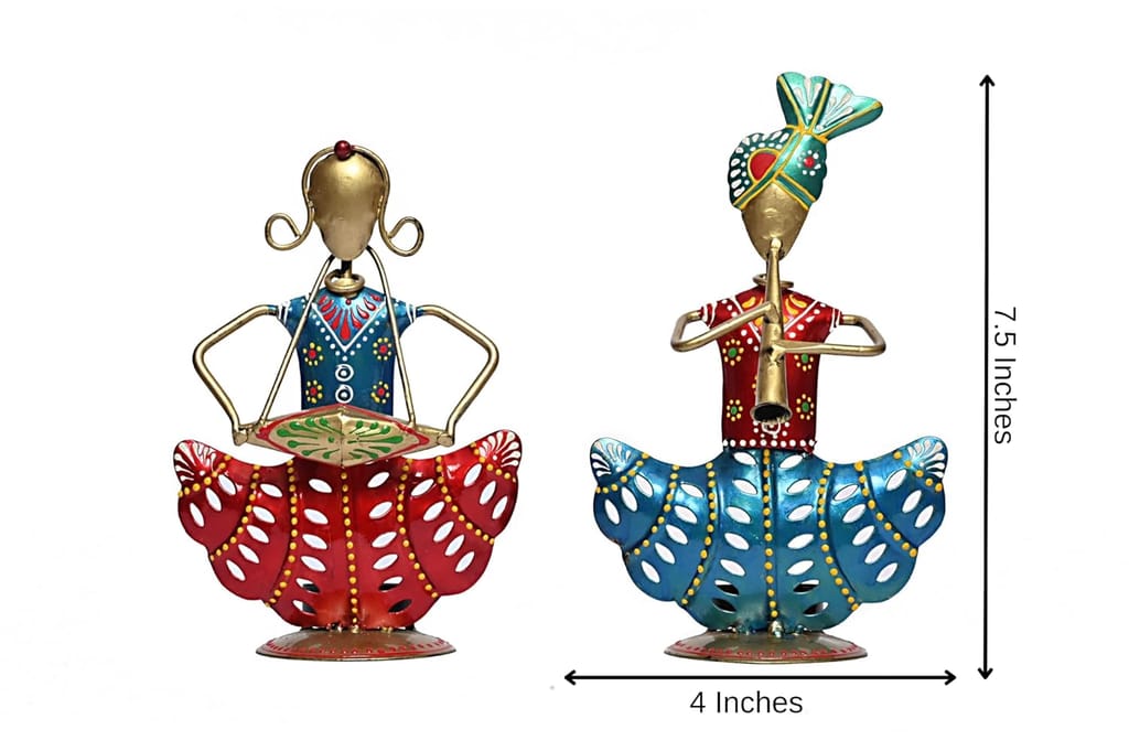 Jyoti handicraft Handpainted Wrought Iron Rajasthani Tribal Musician Couple Tealight Candle Holder Decorative Showpiece Multicolour (Length 13 inch * Height 7.5) view 2