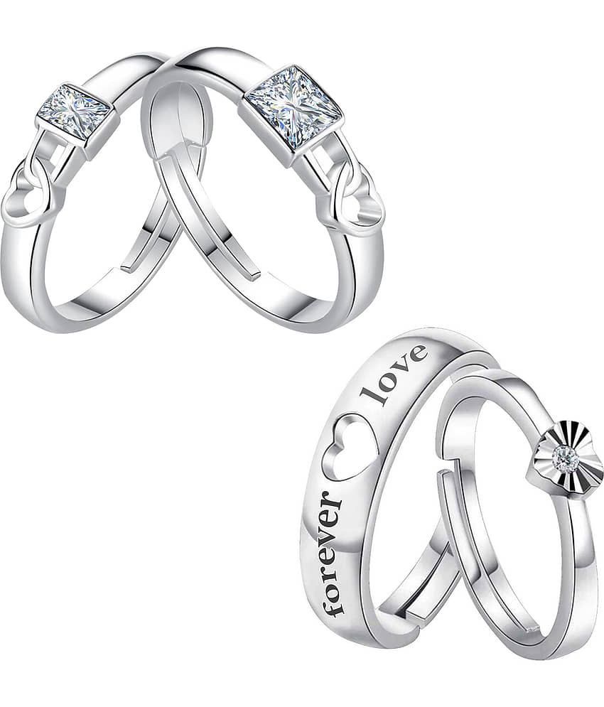 Designer Adjustable Couple Rings Set for lovers Silver Plated Solitaire for Men and Women 2 Pair view 2