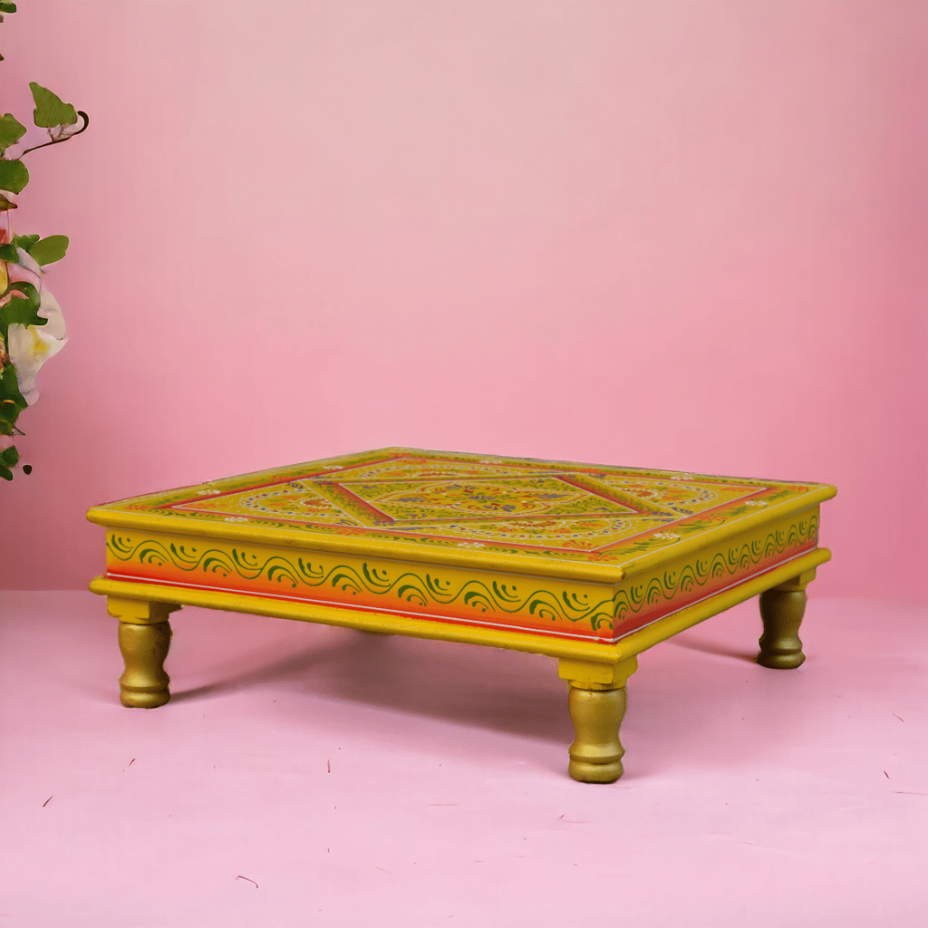 Indian Wooden Handpainted Chowki with figer painting & fine unique Painted Bajot view 2