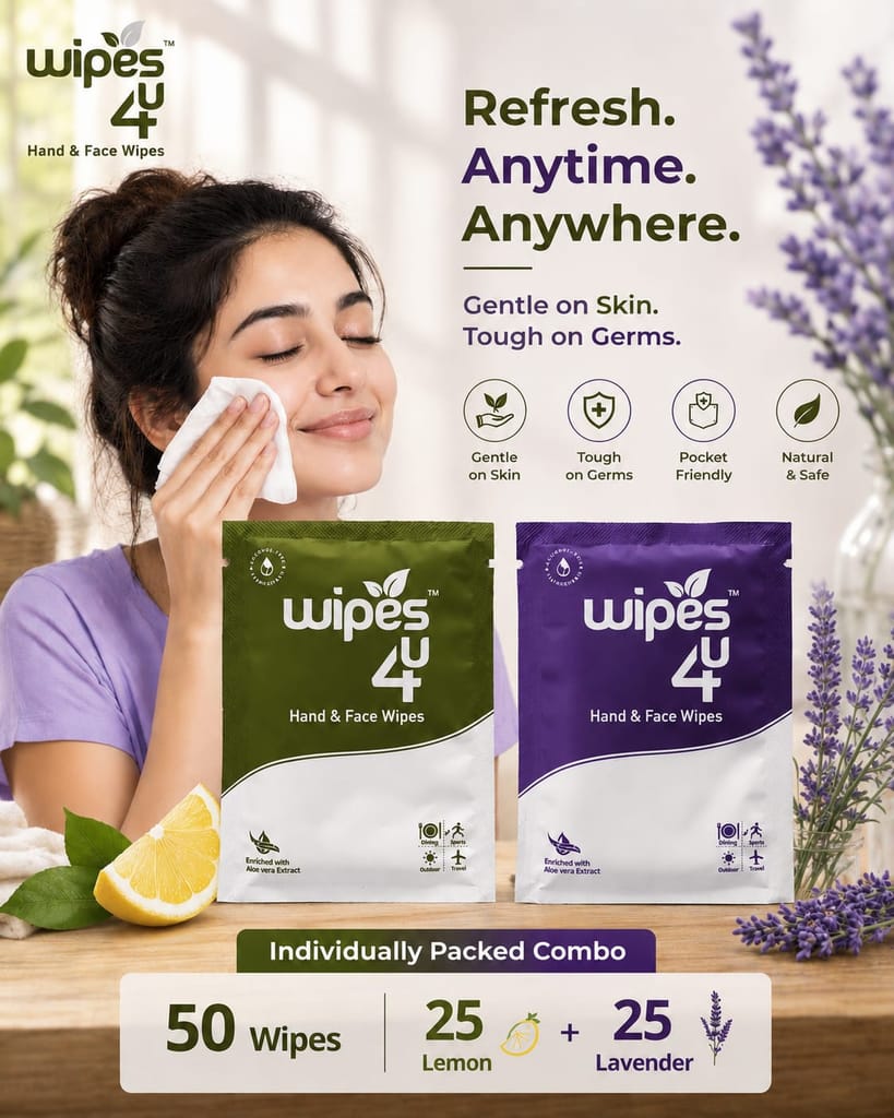 Wipes4u Individually Packed Face and Hand Wet Wipes Combo ( 25 Lavender + 25 Lemon )