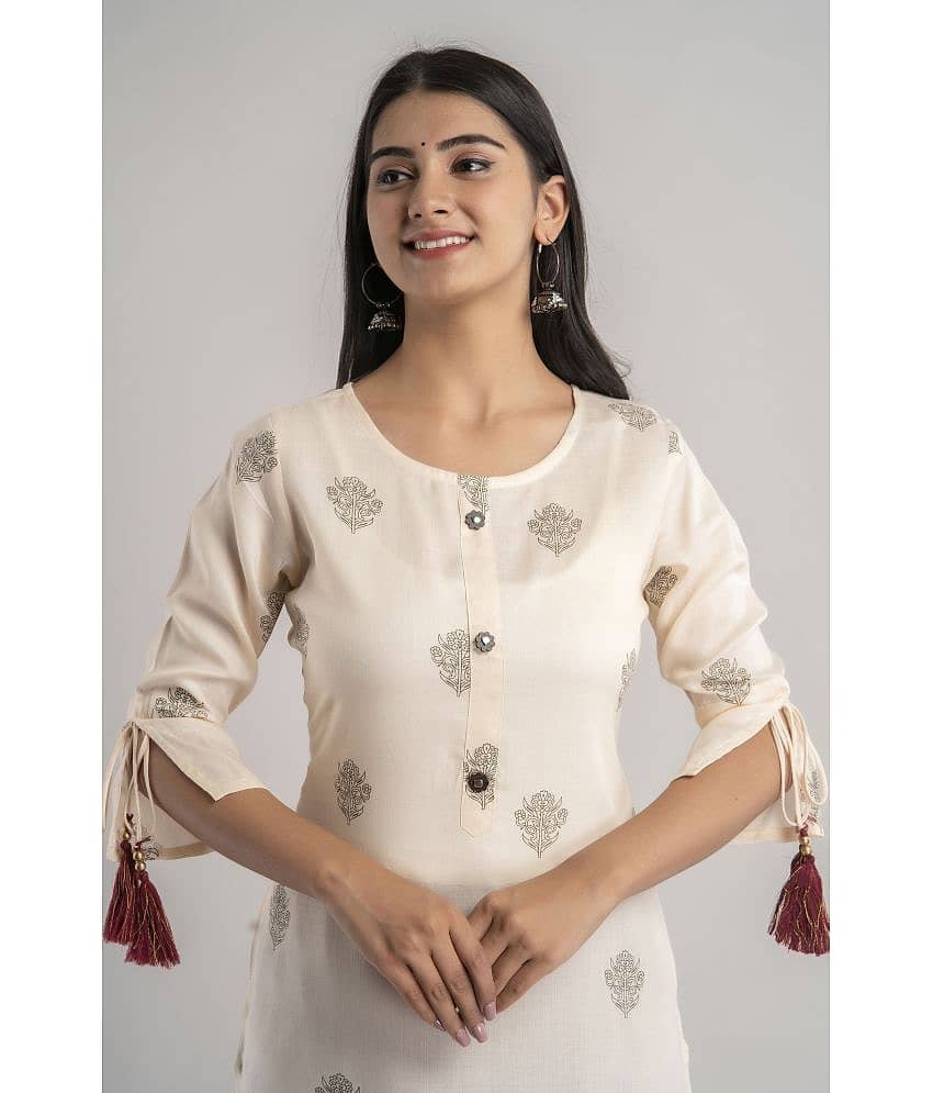 MAUKA - Cream Rayon Women's Straight Kurti ( Pack of 1 ) view 2