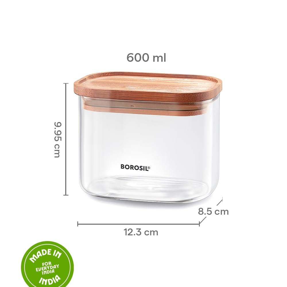 Borosil 600ml Storage Jar Set with Bamboo Lid | Made in India Borosilicate Glass Dishwasher Safe Container for Kitchen | Multipurpose Kitchen Organizer for Cookie & Dals view 2