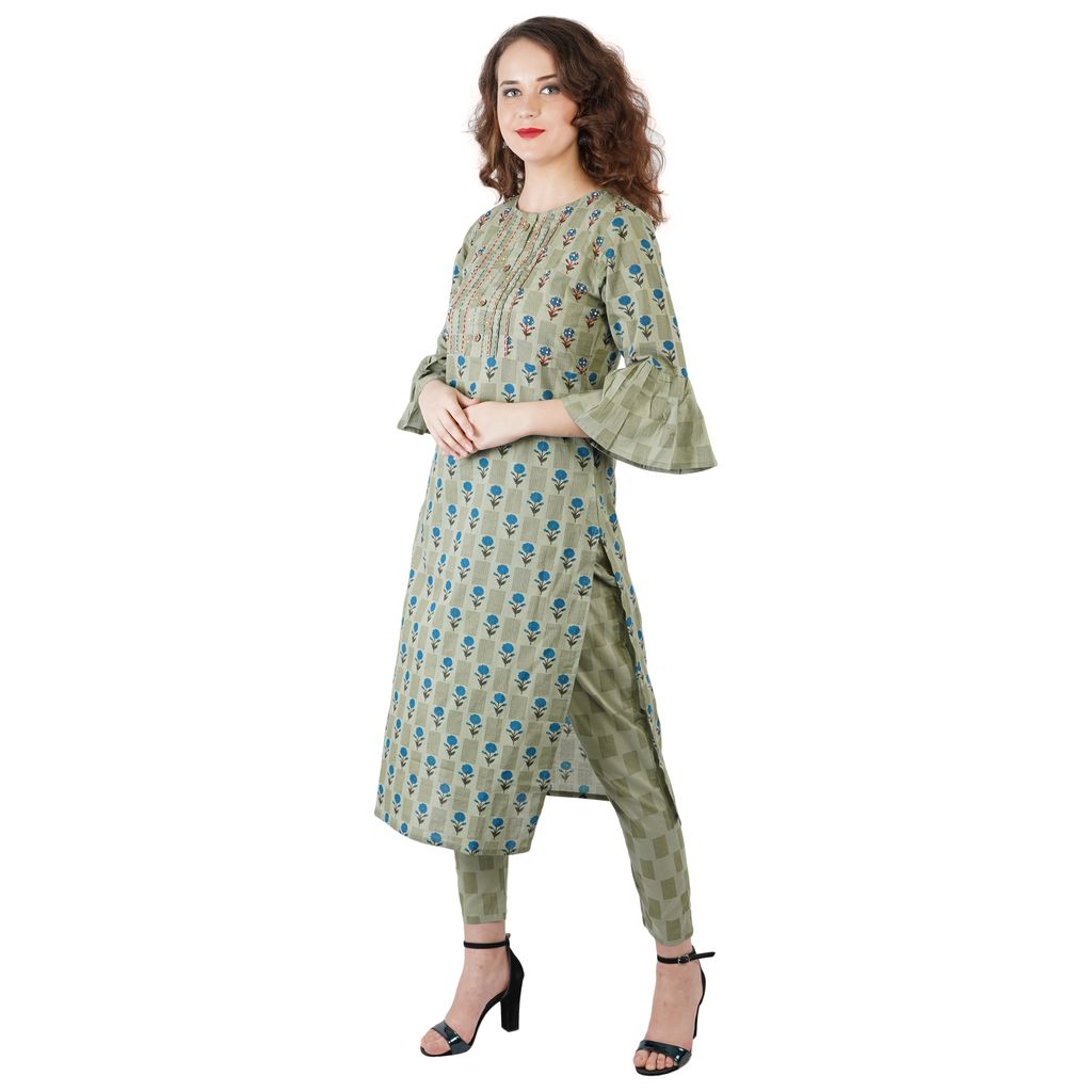 Green Floral Printed Straight Line Kurti With Pant view 2