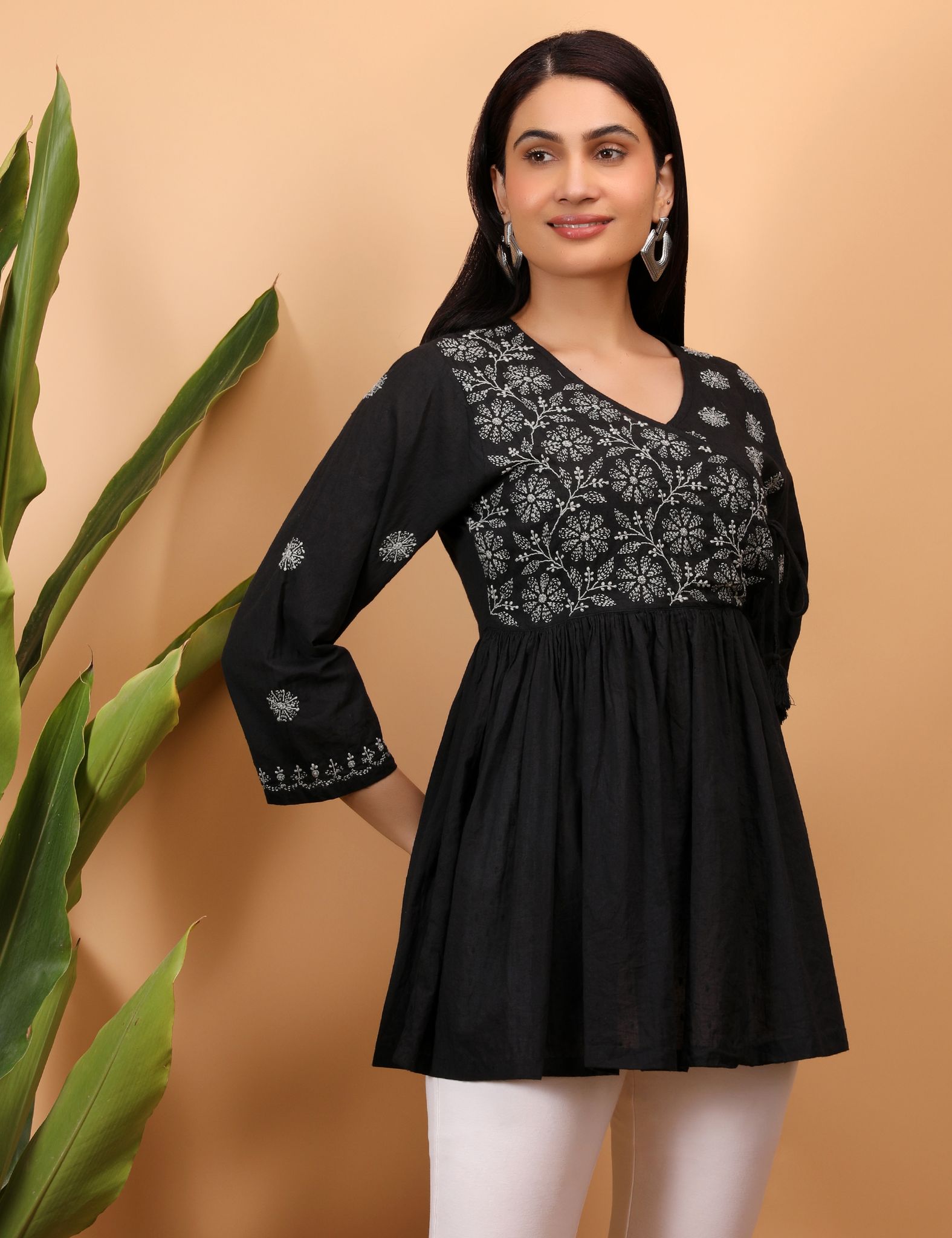 Shwet Women Black Chikankari Angarkha Top view 2