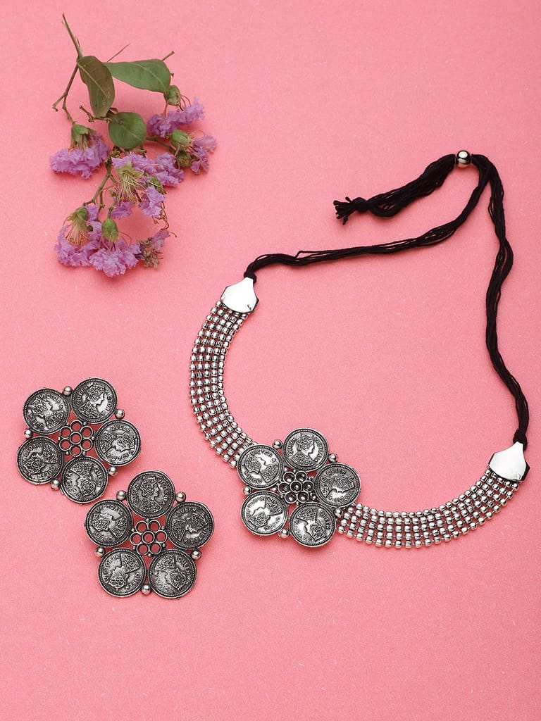 Cardinal Oxidized Silver Choker Necklace Set view 2
