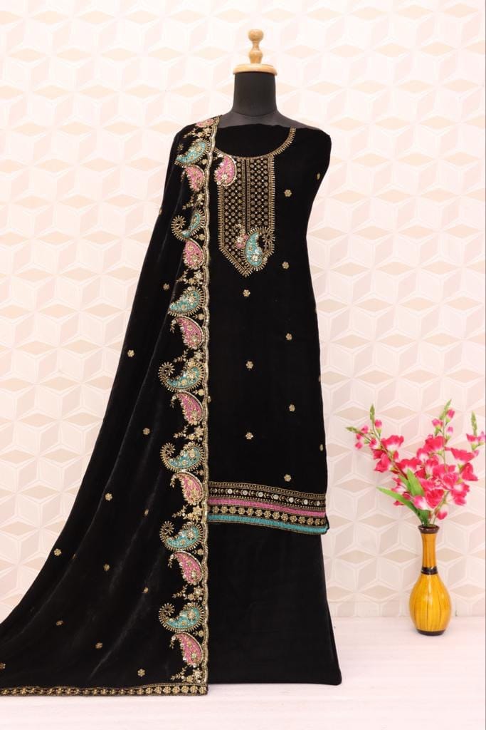 Lorenvelley Fashion Black Velvet Salwar Suit Material Embroidered view 2