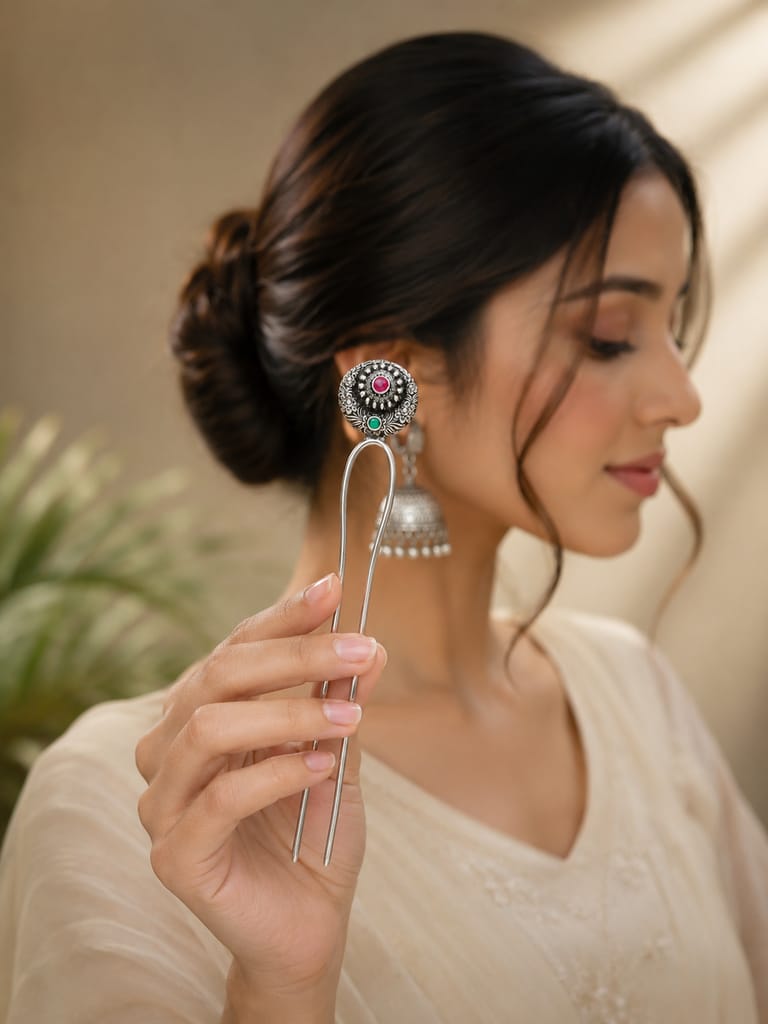Blubby Oxidised Silver Floral Juda Stick Hair Pin for Women | Traditional Bun Stick Hair Accessory view 2