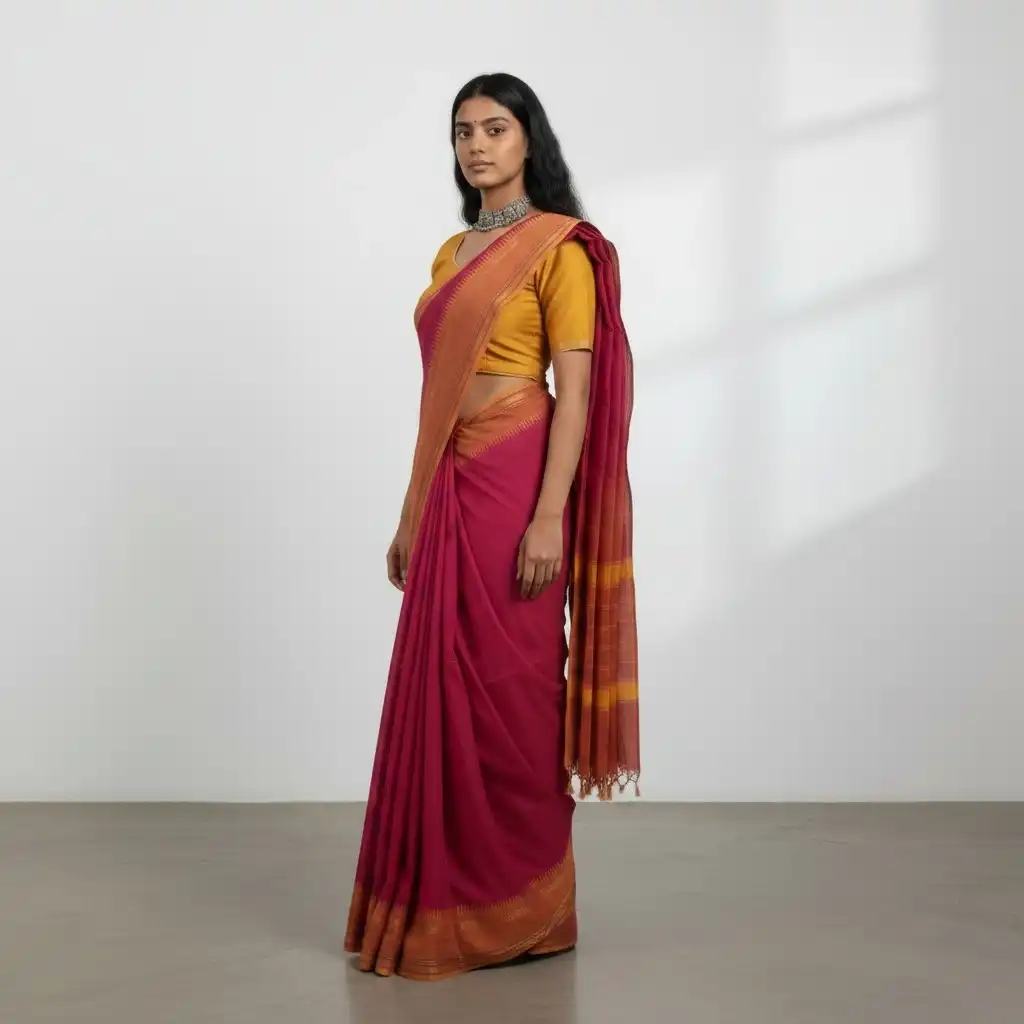 Handwoven Magenta Cotton Kanchipuram Saree with Golden Woven Border view 2