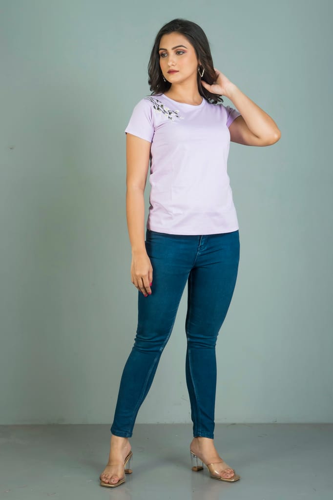 Ceaseless Women’s T shirt with hand embroidery lavender colour view 2