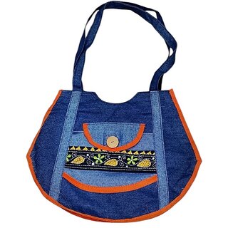 Ethnic Denim Shoulder Bag for Women with Embroidered Front Pocket, Casual Daily Use Office Shopping Tote