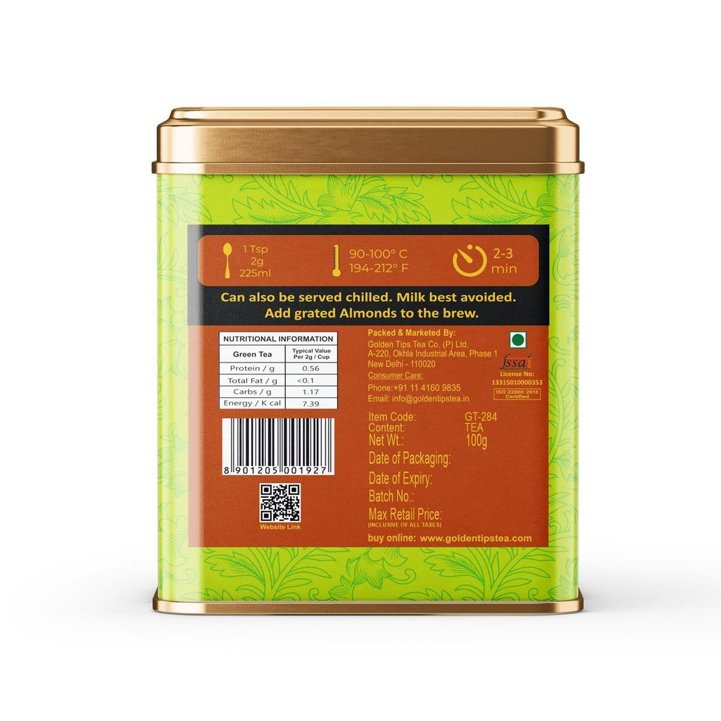 Golden Tips Kashmiri Kahwa Green Tea Blended with Cinnamon Sticks, Cardamom, Saffron Loose Leaves Tin Can (100 Gram, 50 cups) view 2