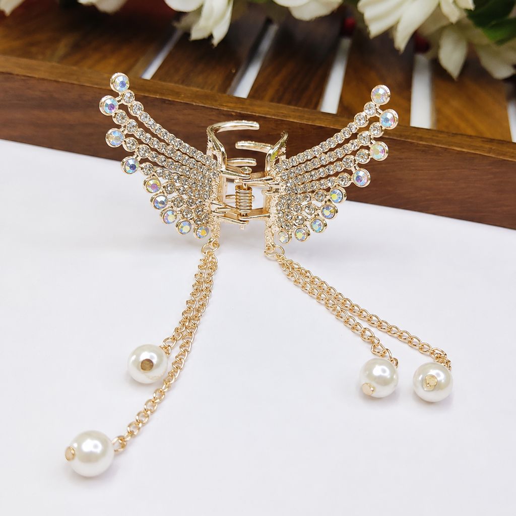 Luxury Rhinestone Pearl Tassel Hair Claw view 2
