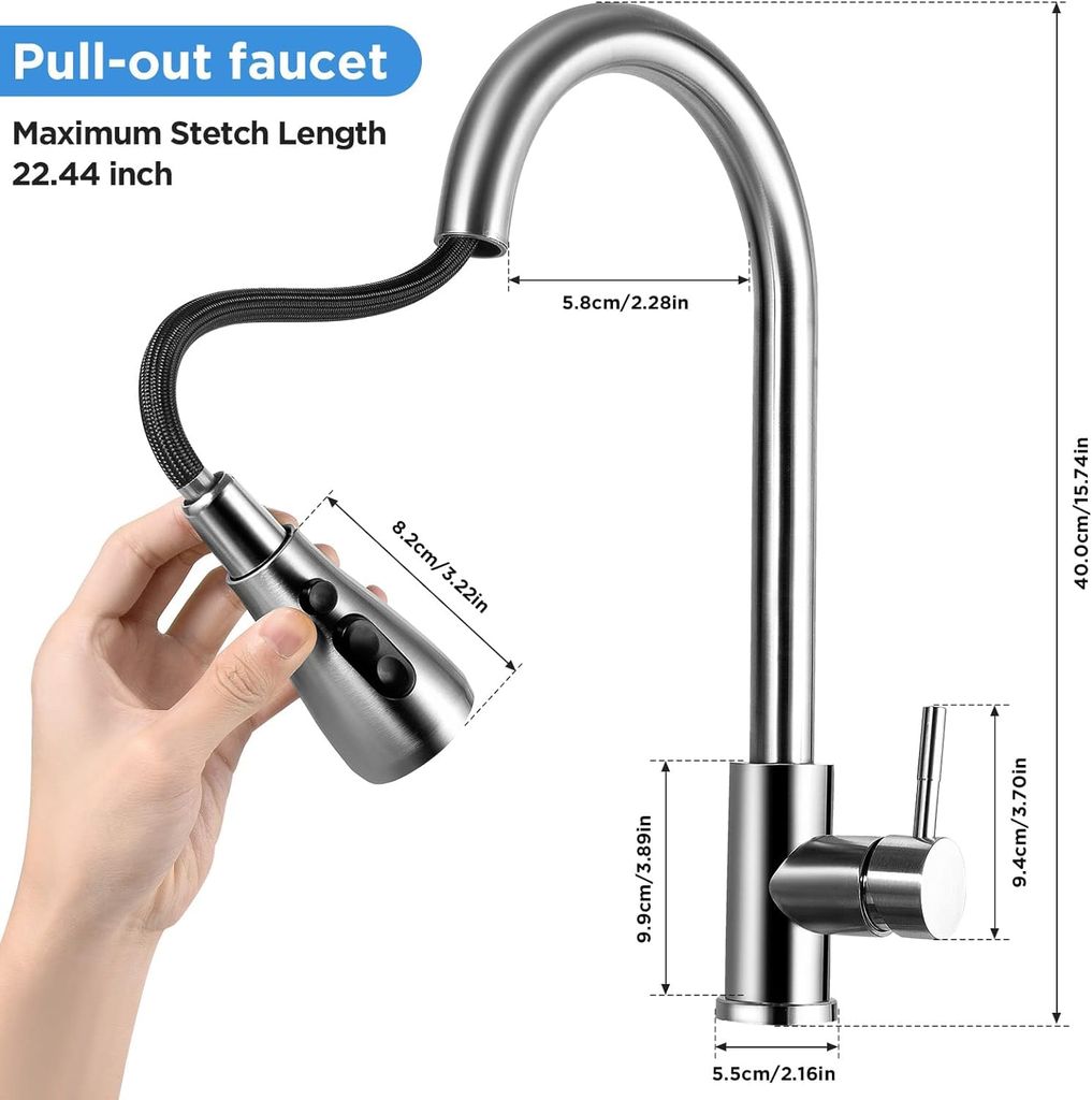 Stainless Steel Kitchen Faucet with Pull Down Sprayer,High Single Handle Brushed Nickel Kitchen Sink Faucet, Spring Spout Pull Out Bar Tap,360 Swivel Commercial Modern Kitchen Sink tap view 2