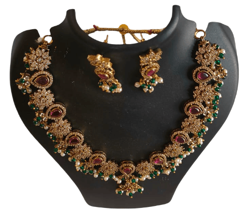 Antique Gold Plated Floral Kundan & Ruby Emerald Stone Choker Necklace Set view 2